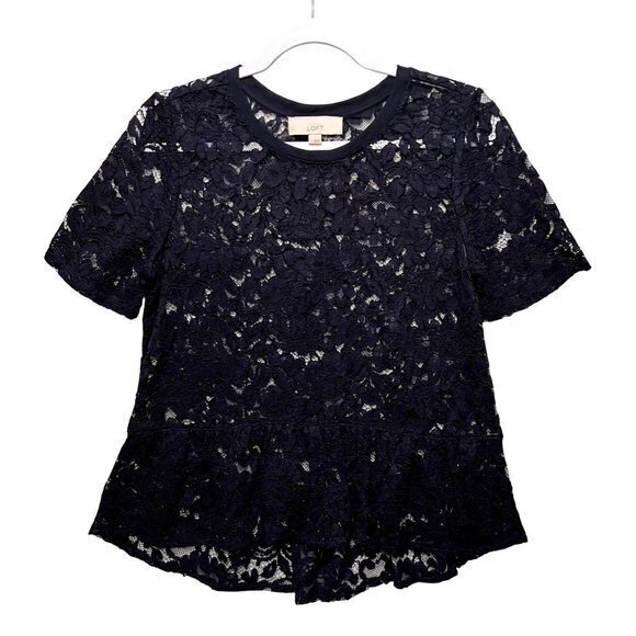 LOFT Tops - LOFT Womens Tops Size S Navy Lace Short Sleeve